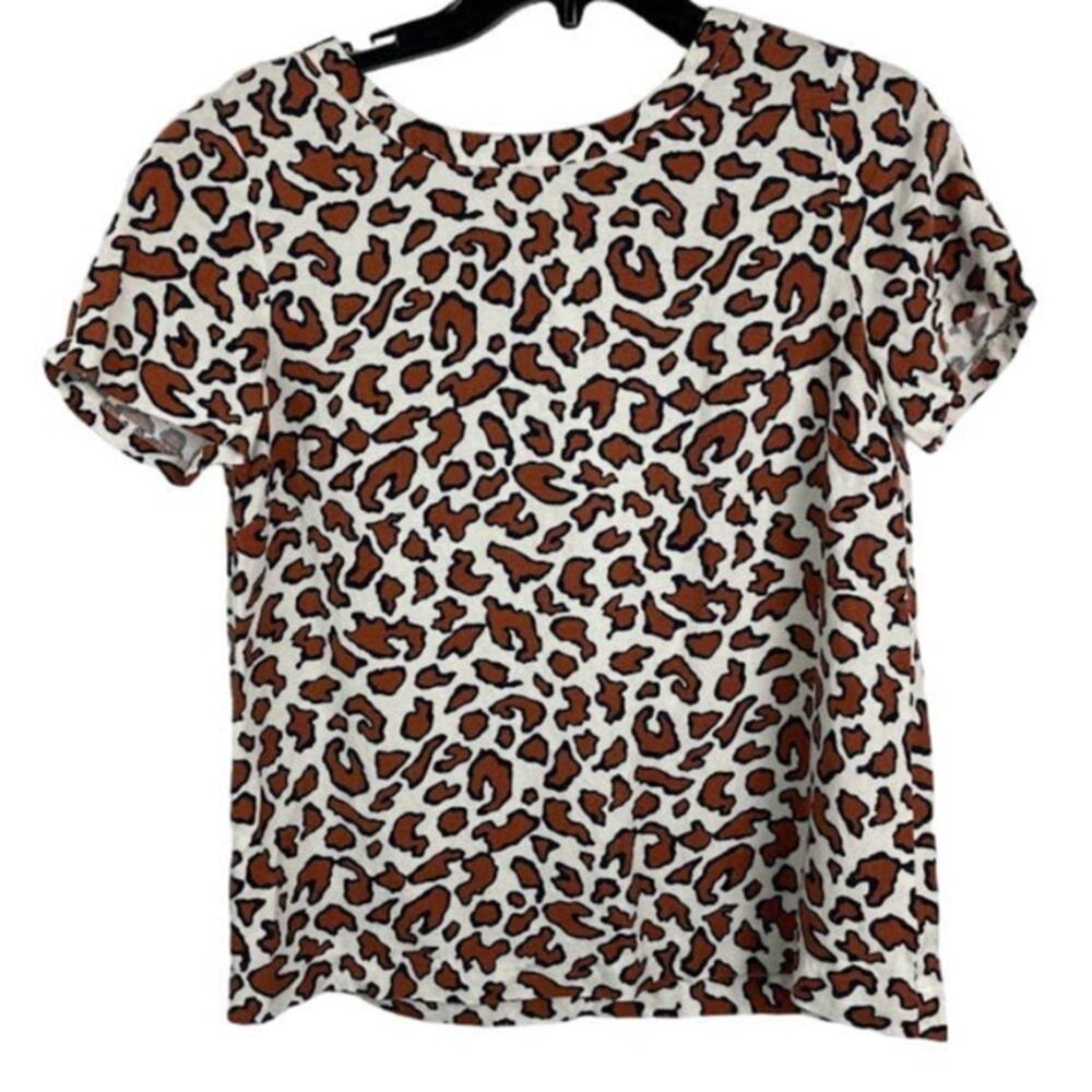 Linen Short Sleeve Blouse‎ Womens Small Loose Top Animal Print Dressy Shirt